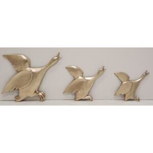 Three Brass Wall Hanging Ducks Geese MCM Graduated Korea Birds Fowl Flying
